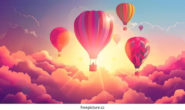 Colorful Hot Air Balloons Flying in the Sky with Clouds and Sun