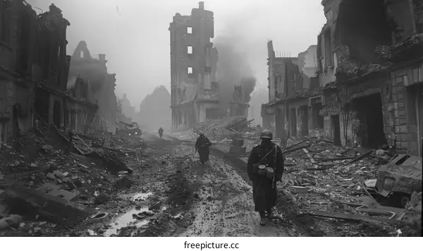 German soldiers walk through the ruins of Warsaw, Poland, 1939.