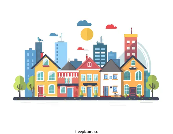 Colorful Cityscape With Buildings and Sun