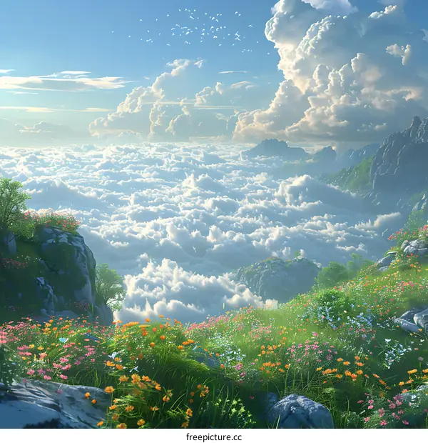 A beautiful landscape with mountains, flowers, and a cloudy sky