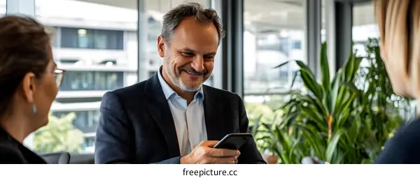 Smiling Businessman Using Smartphone During Meeting