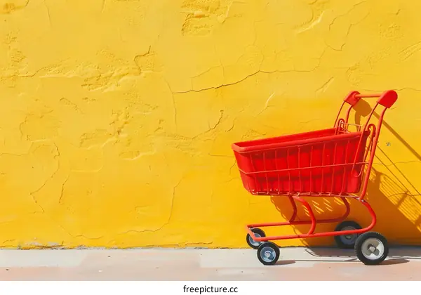 Red Shopping Cart Against a Yellow Wall