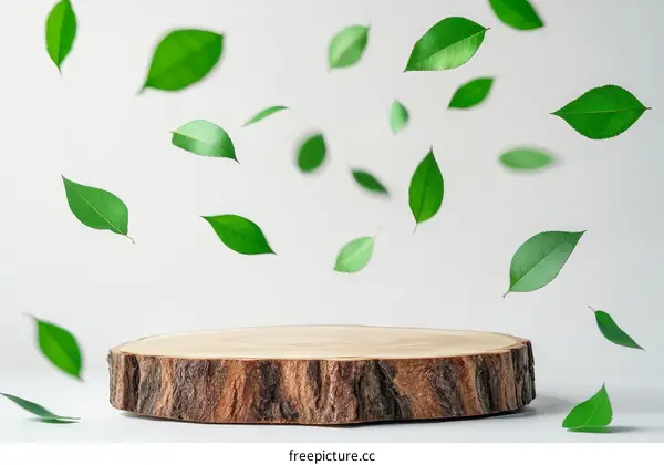 Floating Green Leaves on Wooden Disc
