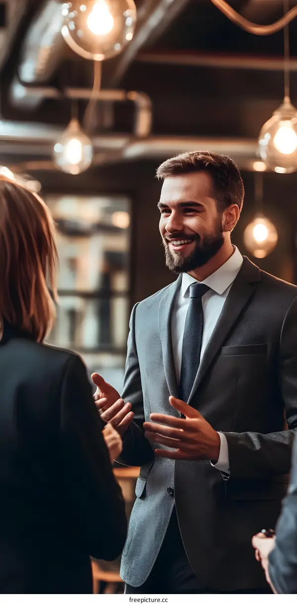Businessman in Suit Talking with Colleague in Modern Office