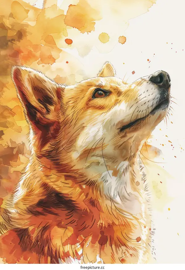 A watercolor painting of a dog looking up