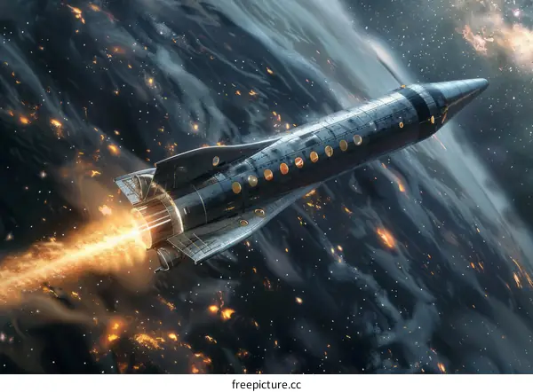 Spaceship flies over a planet