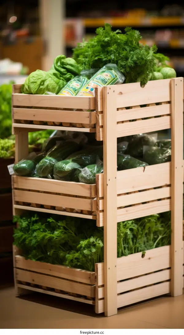 Supermarket Shelves Display Assortment of Fresh Green Vegetables in Crates