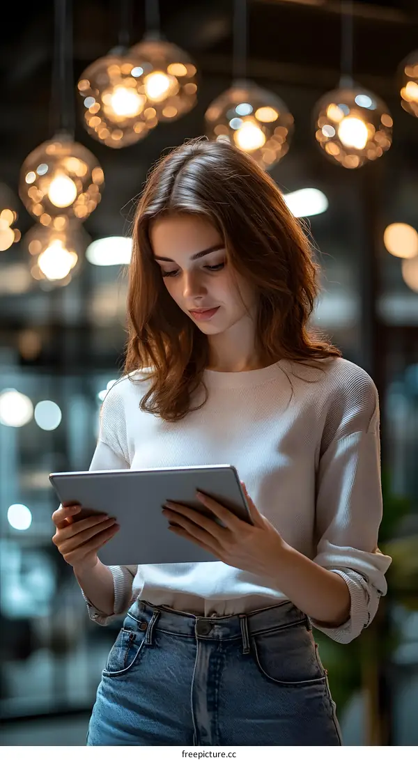 Young Woman Using Tablet In Cafe With Bokeh Lights
