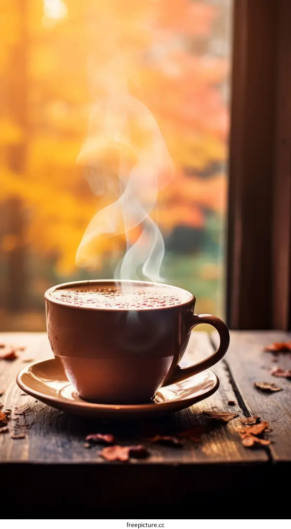 A cup of coffee on a wooden table in front of a window in autumn