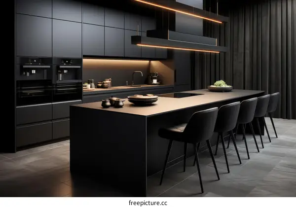 Black kitchen island with black marble top and black leather chairs