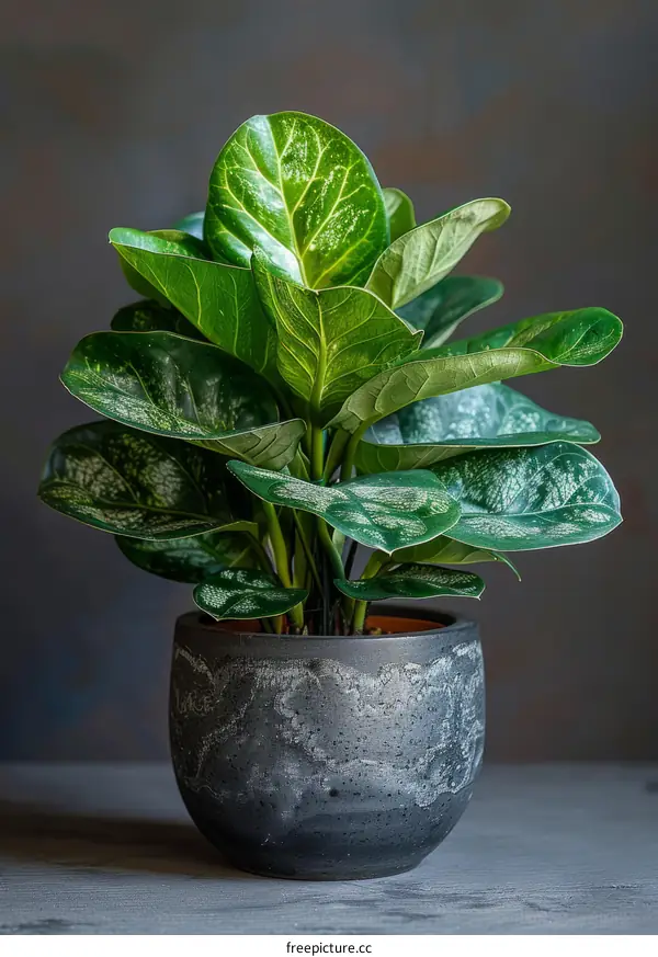 A lush green houseplant with dark green leaves and light green veins in a gray pot sits on a gray table against a dark background