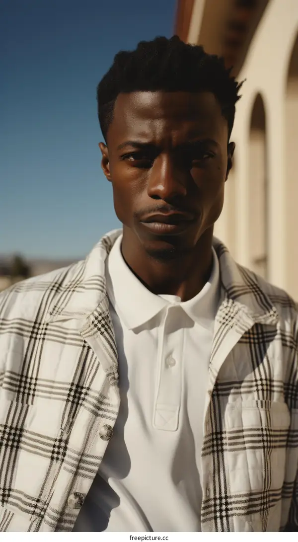 Portrait of a young African-American man looking at the camera with a serious expression on his face