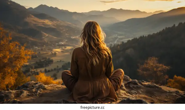 woman in brown clothes meditating on a cliff overlooking a valley during sunset