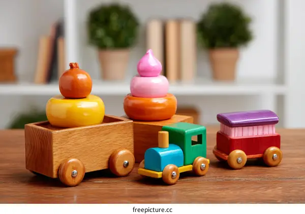 Colorful Wooden Train Toys and Stacking Rings