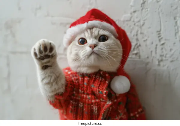 A cute cat wearing a Santa hat is sitting on a white background