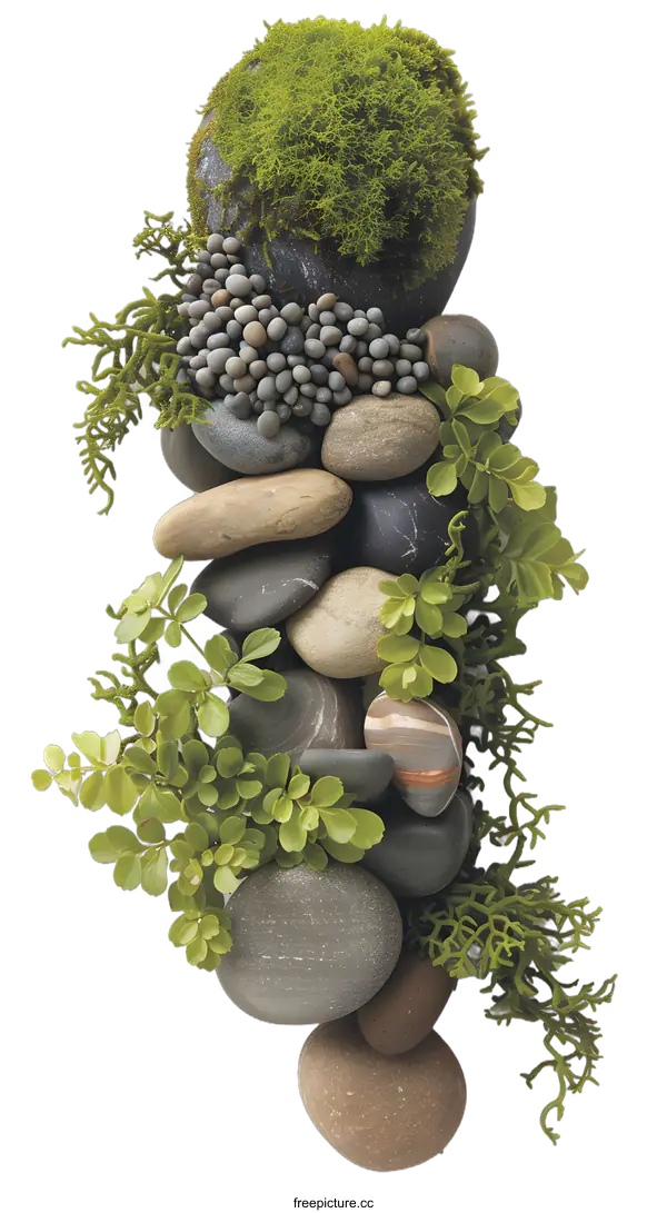 [Transparent Background PNG]Green Plants and Stones on White Background