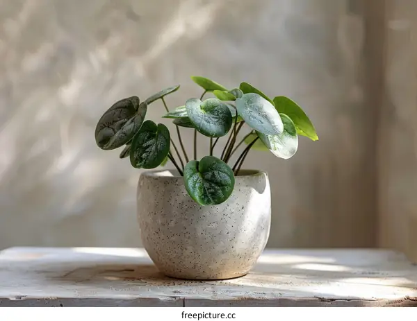 A beautiful pilea peperomioides plant in a ceramic pot sits on a wooden table near a window.