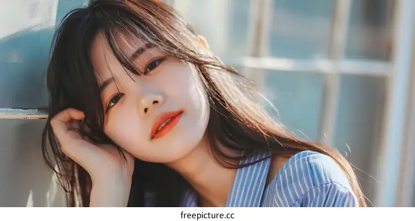 Portrait of a Beautiful Young Woman with Long Black Hair