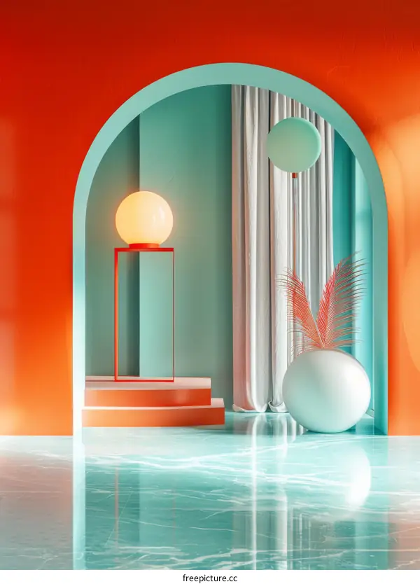 3D rendering of a room with two arches