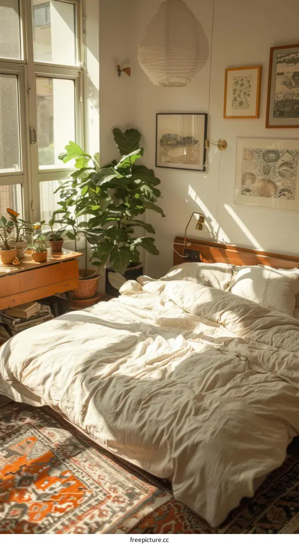 Bright and Airy Bedroom with Sunlight Streaming Through Large Window