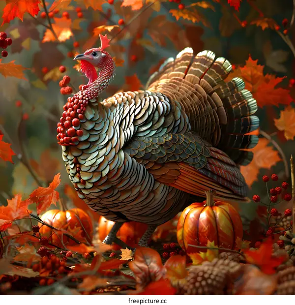A majestic turkey stands in a field of pumpkins and fall leaves.