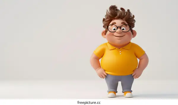 A 3D illustration of a smiling cartoon boy with glasses