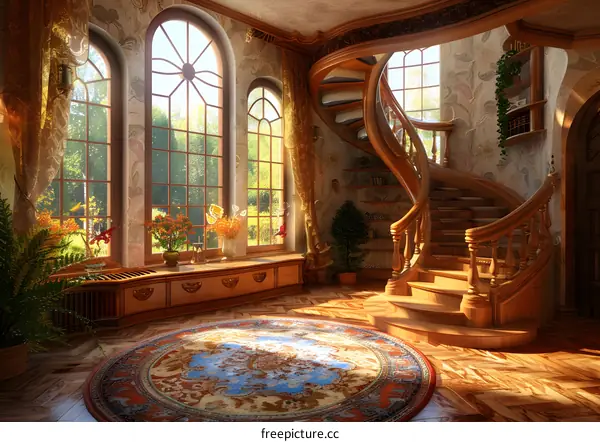 Grand Staircase in a Sunny Foyer