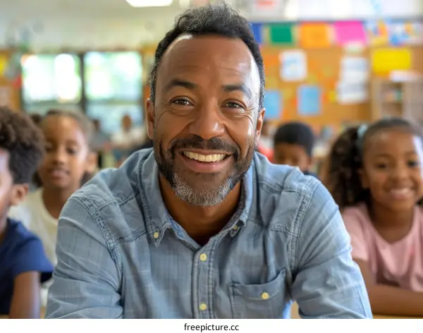 Happy African American male teacher with students in background
