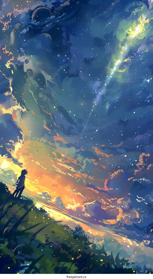 Silhouette of Woman Standing in a Field of Grass Looking Up at the Starry Sky