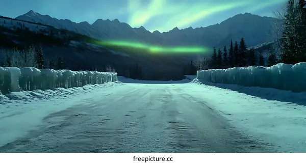 Snowy Road with Green Aurora Borealis in the Mountains
