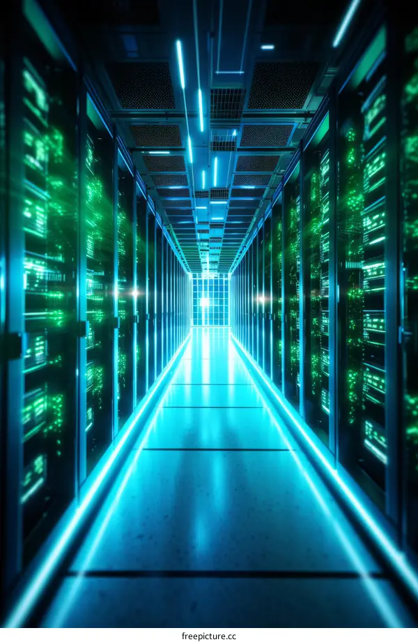 Modern Server Room with Green Lighting