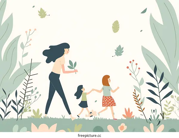 Family Walking In Nature Illustration