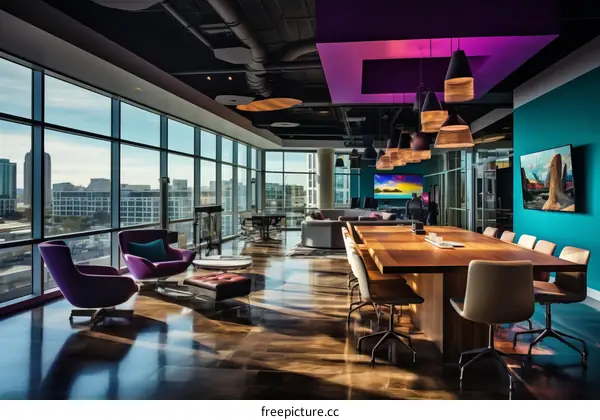 Modern Office Building with Panoramic Windows, Conference Room and Open Lounge