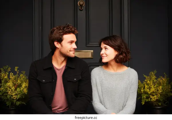Couple Sitting on Porch in Front of Door