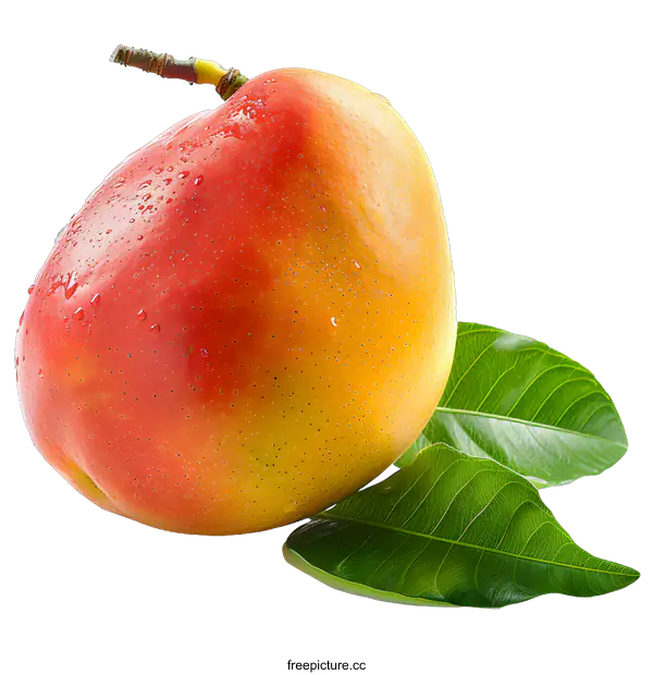 [Transparent Background PNG]A ripe mango with green leaves isolated on a white background