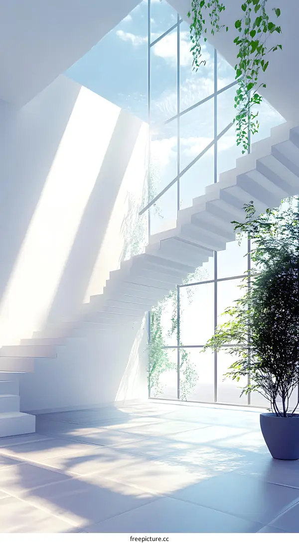 Modern Staircase Design with Sunlight Streaming Through Windows