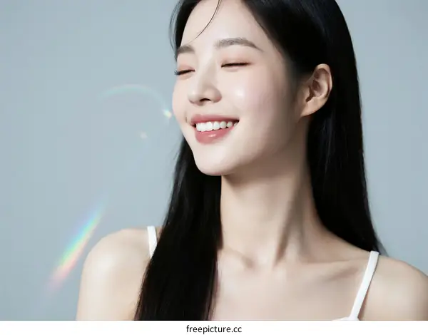 A Young Woman with Long Black Hair Smiling