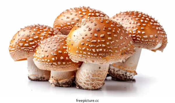 Five Brown Mushrooms with White Spots on White Background