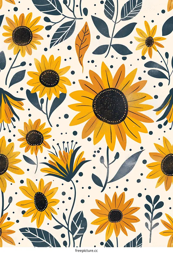 Yellow Sunflowers with Grey Leaves Pattern