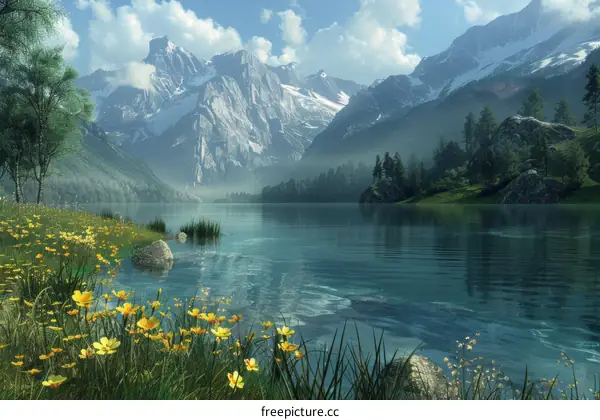 Mesmerizing Mountain Landscape with Serene Lake and Vibrant Flower Field