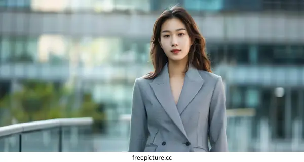 A young Asian businesswoman is walking down the street