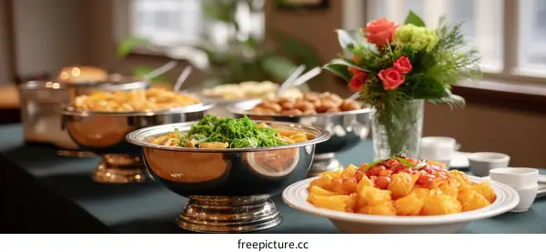 Buffet Food Display with Floral Arrangements