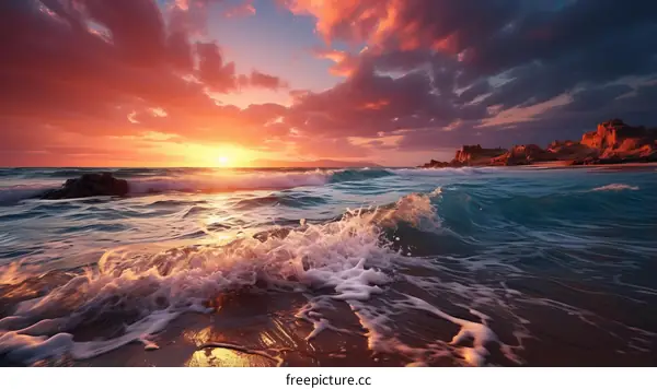 Stunning Sunset Over the Ocean with Waves Crashing on the Shore