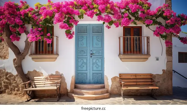 Blue door with pink flowers
