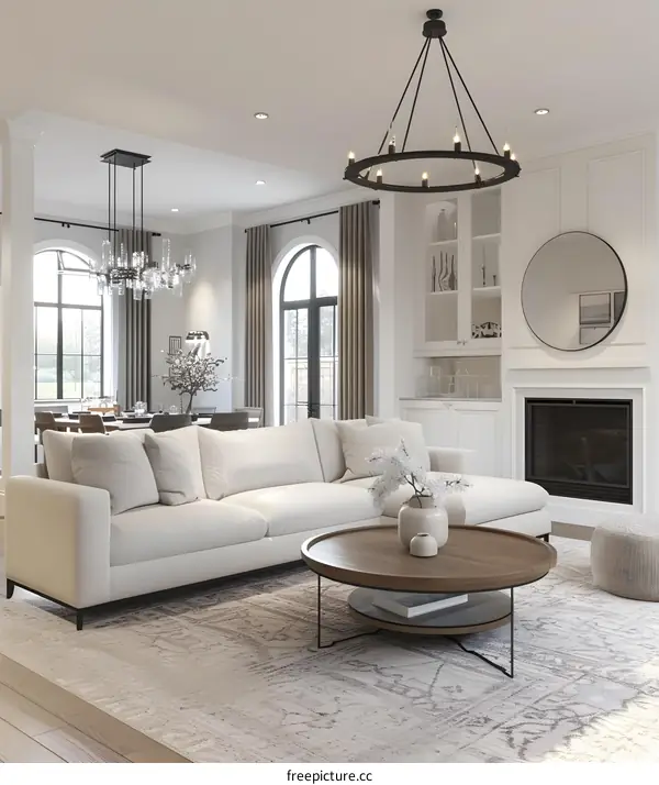 Modern Living Room Interior Design with White Sofa and Chandelier