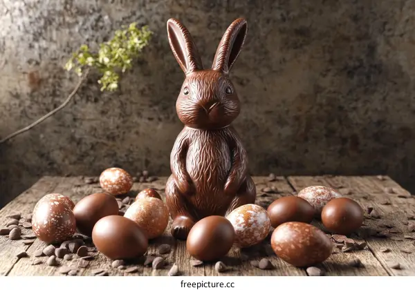 Chocolate Easter Bunny and Eggs on Wooden Table