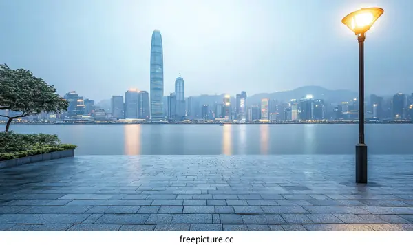 Hong Kong City Skyline at Dusk with Empty Plaza