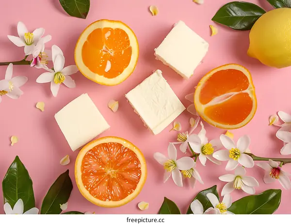 Flat Lay Composition of Oranges, Lemons, Flowers and White Blocks on a Pink Background