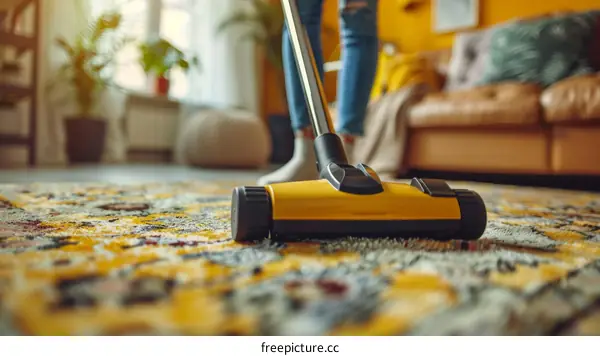 A Person Using a Vacuum Cleaner on a Carpet