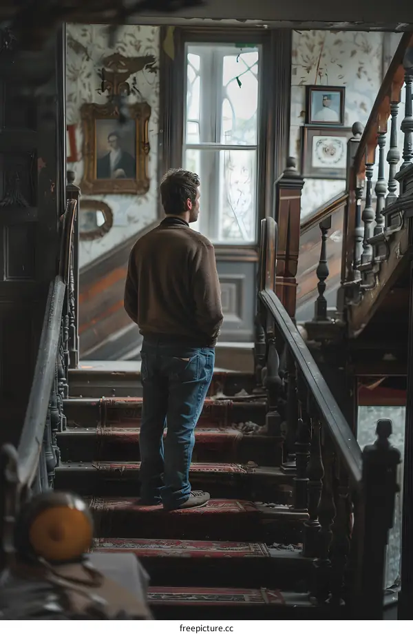 Man standing on the stairs in an abandoned building